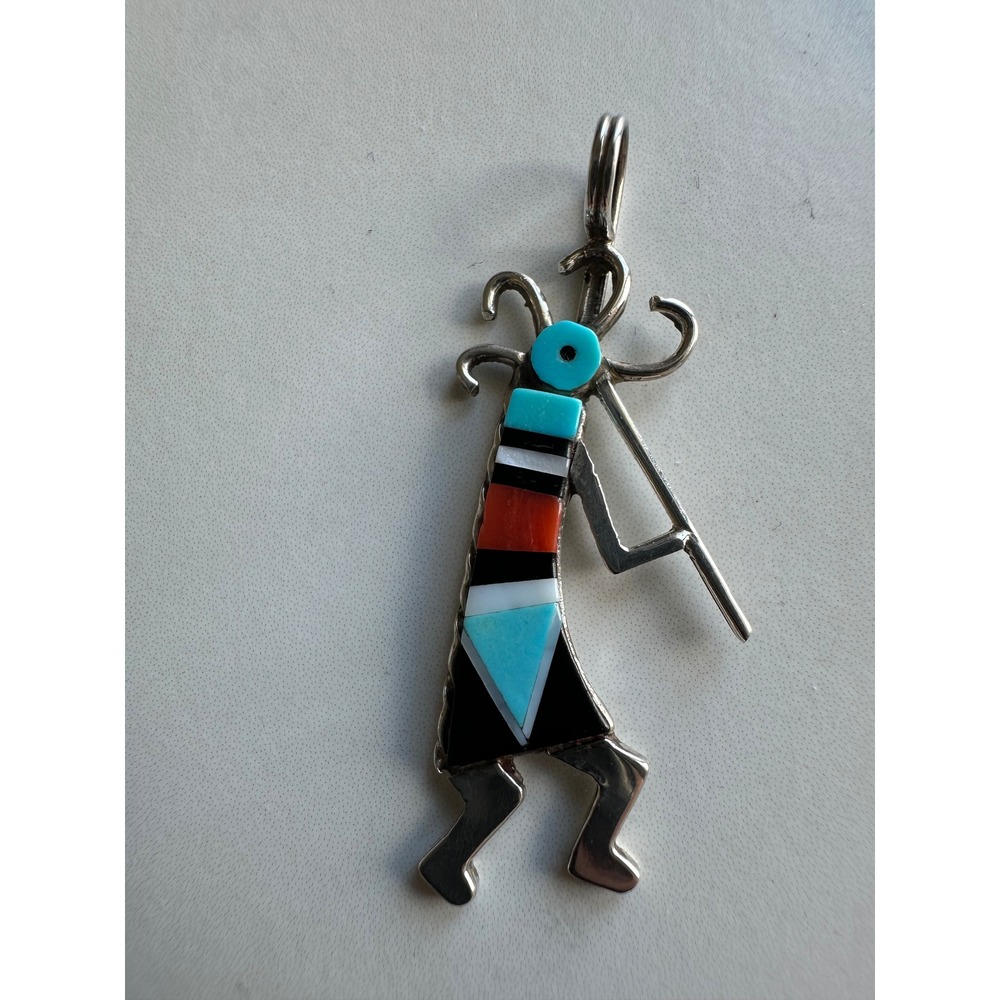Zuni Kokopelli Sterling Silver Inlay Pendant Turquoise Coral Onyx Shell